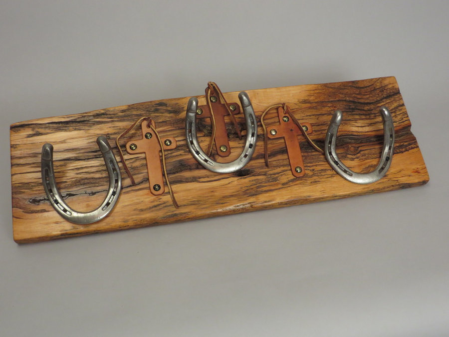 #R15065 Coat Rack Reclaimed Poplar, horseshoes, leather.