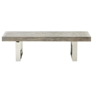 Modern Dining Bench, Backless Design With Polished Legs & Thick Wooden Seat