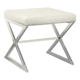 Benzara BM69636 Contemporary Upholstered Stool Metal Base White