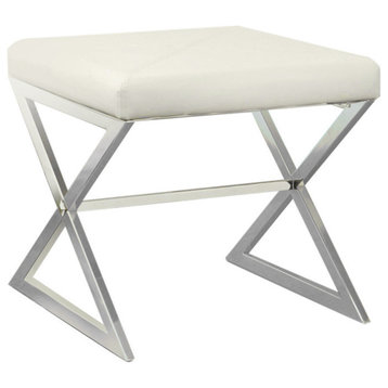 Benzara BM69636 Contemporary Upholstered Stool Metal Base, White