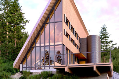 Modelo de fachada de casa marrón y gris retro pequeña de tres plantas con revestimiento de madera, tejado de un solo tendido, tejado de metal y tablilla