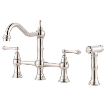 Vintage Bridge Kitchen Faucet, Curved Spout With Side Sprayer, Polished Nickel