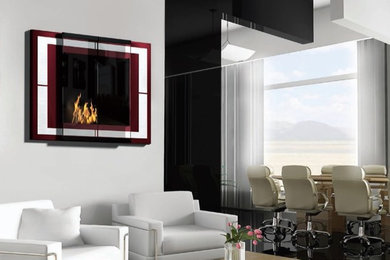 This is an example of a large contemporary living room in New York with a hanging fireplace.