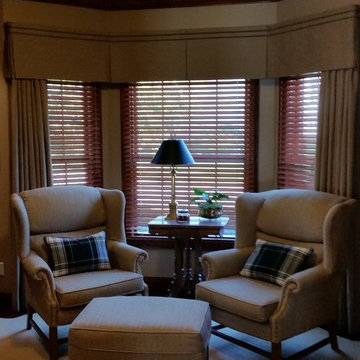 Office/Den Bay Window with Box Pleat Valance and Stationary Panels