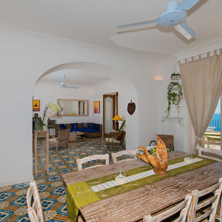 ナポリの広い地中海スタイルのLDKの画像 (白い壁、テラコッタタイルの床、暖炉なし)