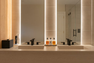 Example of a master beige tile double-sink bathroom design in San Francisco with medium tone wood cabinets, beige countertops, a floating vanity and open cabinets