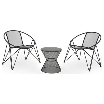 Janice Modern Outdoor Iron Chat Set With Side Table, Matte Black