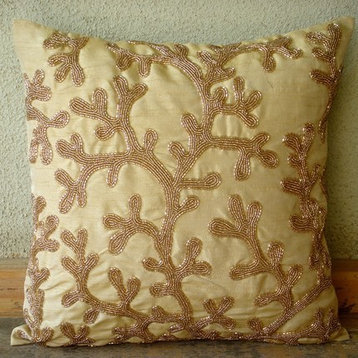 Coral Design Gold Throw Pillows Cover, Art Silk 12x12 Pillow Case, Coral Shine