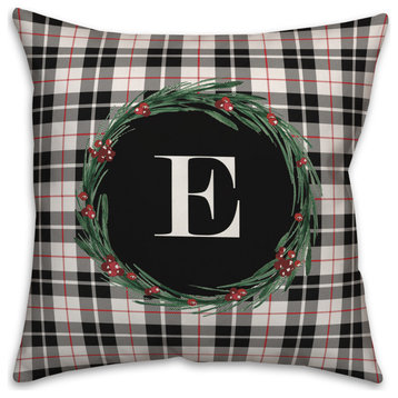Black Plaid Monogram Wreath E 18x18 Spun Poly Pillow