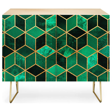 Deny Designs Emerald Cubes Credenza, Birch, Gold Steel Legs