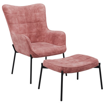 Charlotte Mid-Century Modern 2-Piece Velvet Accent Chair with Stool, Pink Salmon