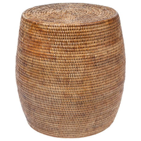 Laguna Round Rattan Stool/Side Table, Handwoven, White Wash, Honey-Brown