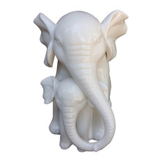 Porcelain Mother and Baby Elephant Statue, White