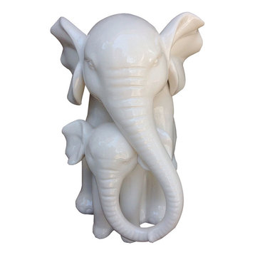 Porcelain Mother and Baby Elephant Statue, White