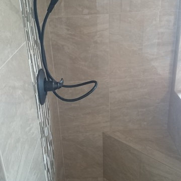 Stand-up Shower, Master Bathroom, Polished Porcelain Tile w/ Vertical Glass Mosa