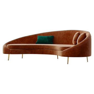 Modern Bronze Velvet Curved Sofa Gold Metal Toss Pillow Included, Bronze, Medium