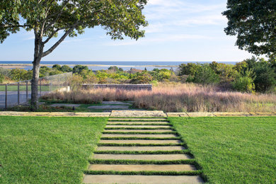 Design ideas for a contemporary full sun concrete paver garden path in Boston.