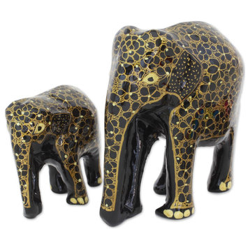 NOVICA Elephant Affection And Wood And Papier Mache Sculptures  (Pair)
