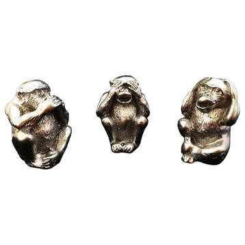 No Hear, No See, No Tell 3 Monkeys Statue, 3-Piece Set, Silver