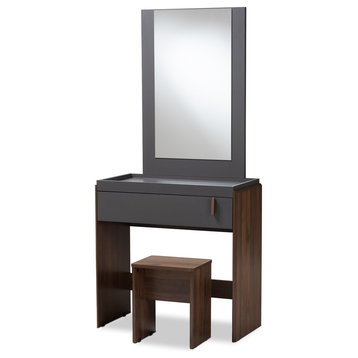 Dolores Contemporary Two-Tone Gray and Walnut Bedroom Vanity With Stool
