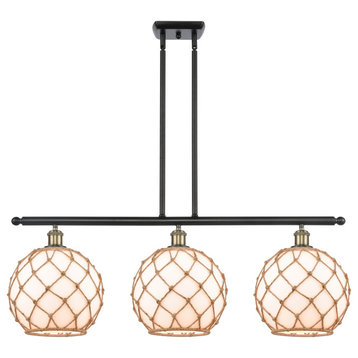 Farmhouse 3-Light Island-Light, Black Antique Brass, White Glass With Brown Rope