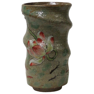 Handmade Ceramic Brown Gray Lotus Flower Graphic Jar Vase Hws2579