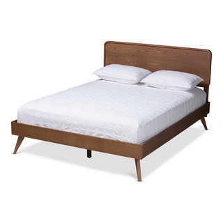 Ulyssa Mid Century Modern Walnut Brown Wood Queen Platform Bed