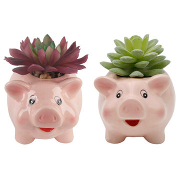 Faux Succulent In 4.8" Small Pink Pig  Ceramic Planter,Set Of 2