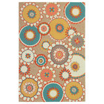Trans Ocean - Liora Manne Ravella Florentine Indoor/Outdoor Rug Sand 5'x7'6" - This hand-hooked area rug features mod styled florals in an oversized pattern. This fun, funky design in hues of tan, yellow, white, aqua and orange will make a colorful impact on any indoor or outdoor space. Made in China from a polyester acrylic blend, the Ravella Collection is hand tufted to create vibrant multi-toned detailed designs with tight textural loops and a high quality finish. The material is flatwoven, weather resistant and treated for added fade resistance, making this area rug perfect for indoor or outdoor placement. This soft, durable area rug is ideal for your patio, sunroom or those high traffic areas such as your kitchen, living room, entryway or dining room. Intricately shaded yarns bring to life the nature inspired designs of this collection that will beautifully accent your home. Limiting exposure to rain, moisture and direct sun will prolong rug life.