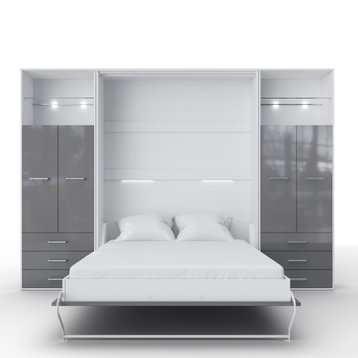 Contempo Vertical Wall Bed, Queen Size with 2 cabinets, White/Grey