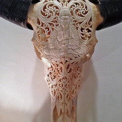 Hand Carved Skull - Water Buffalo, Buddha Design, White - Artwork