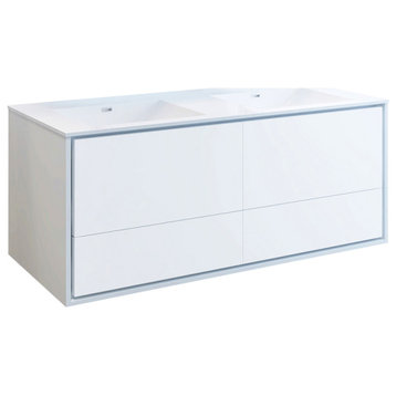 Fresca Catania 60" Gloss White Wall Hung Cabinet With Integrated Double Sink