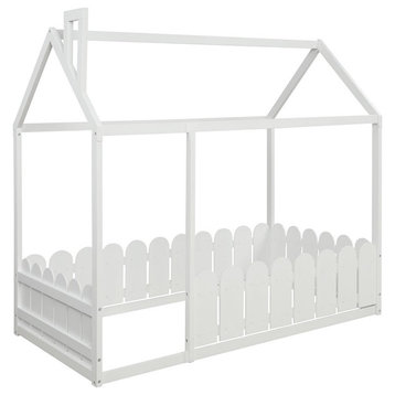 Twin Size Kids Bed, Unique House Shaped Pine Wood Frame With Fence, White