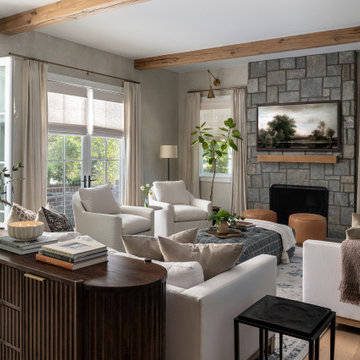 Family Room with Flat Panel Molding Wall in Deep Slate Blue and Neutral Lime Pai