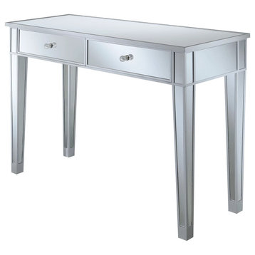Contemporary Desk, Mirrored Design With Tapered Legs & 2 Large Drawers, Silver
