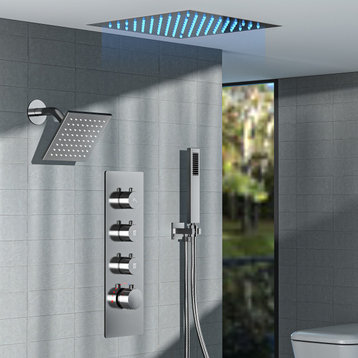 LED Heads Rain High Pressure Shower System with 4-Way Thermostatic  Faucet, Brushed Nickel, 12" & 6"