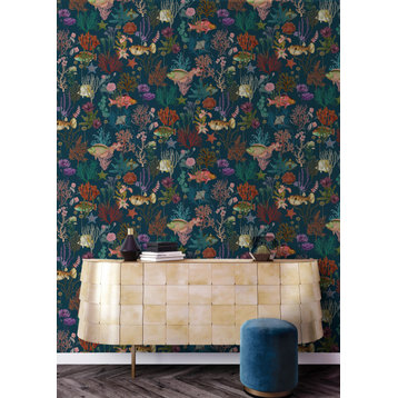 Ocean with Fishes and Corals Printed Wallpaper 57 Sq. Ft., Navy, Double Roll