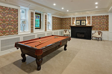Basement - large traditional walk-out carpeted and beige floor basement idea in Minneapolis with multicolored walls, a standard fireplace and a brick fireplace