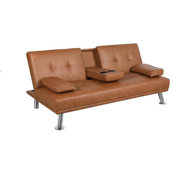 Modern Futon, Artificial Leather Seat With Cup Holders & Movable Arms, Brown