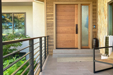 Cette image montre un porche d'entrée de maison minimaliste avec du carrelage, une extension de toiture et un garde-corps en métal.