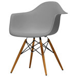 Interiors Wholesale - Pascal Gray Plastic Shell Chair, Set of 2 - The retro simplicity of this classic gray modern shell chair will instantly enhance the modernity of your room. Each of these mid-century modern dining chairs is made from durable molded plastic with an ergonomically-shaped and curved seat and armrests. The legs are wooden and include steel hardware in black as well as black plastic tips to protect sensitive flooring. To clean, wipe with a damp cloth. This item is made in China and assembly is required. This item is also available in black, red, or white arm chairs or side chairs (each sold separately). Dimensions:
