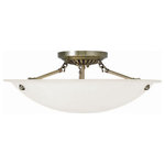 Livex Lighting - Livex Lighting 4274-01 Oasis - Three Light Flush Mount - Canopy Included: TRUE  Shade InOasis Three Light Fl Antique Brass White  *UL Approved: YES Energy Star Qualified: n/a ADA Certified: n/a  *Number of Lights: Lamp: 3-*Wattage:75w Medium Base bulb(s) *Bulb Included:No *Bulb Type:Medium Base *Finish Type:Antique Brass