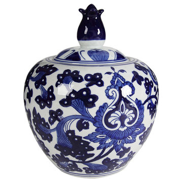 10" Blue White Floral Porcelain Jar With Lid