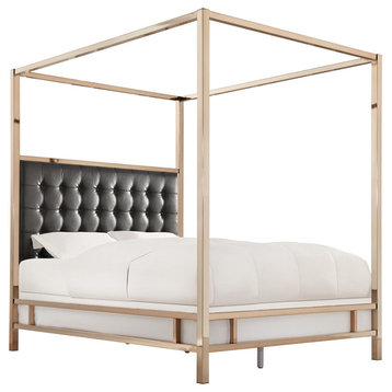 Safira Modern Metal Canopy Bed in Champagne Gold, Black Bonded Leather, Queen