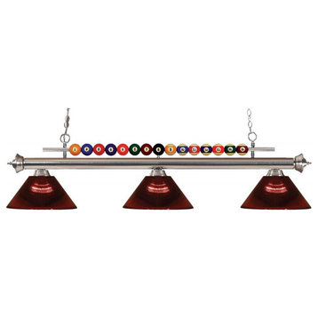 Brushed Nickel Shark 3 Light Billiard Chandelier With Red Acrylic Shades