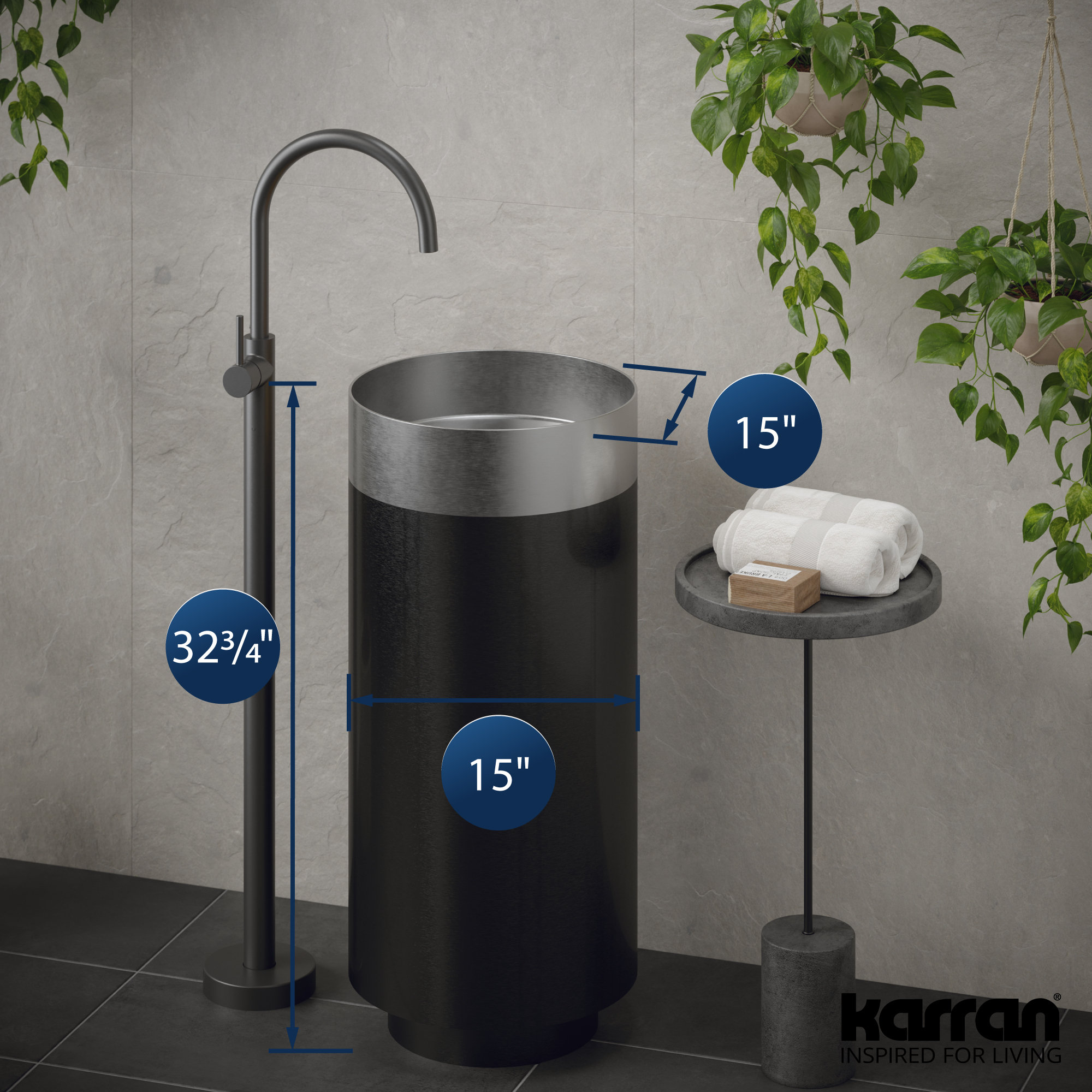 Karran Cinox Stainless Steel Round Pedestal Sink, Stainless Steel and Gunmetal Grey