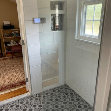Alexandria barrier free shower and wall mount vanity bathroom remodel
