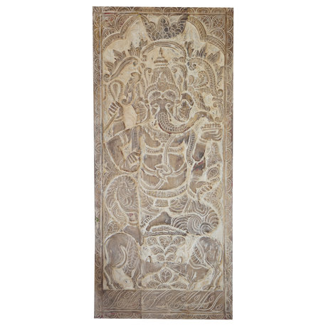 Consigned Vintage Whitewashed Ganesha Wall Sculpture, Ganesh Door