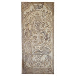 Mogul Interior - Consigned Vintage Carved Wood Whitewashed Ganesha Accent Wall Decor 83 - Enhance your home with the timeless beauty of this vintage carved wood Ganesha wall panel, featuring a serene depiction of Sitting Lord Ganesha On Lostu With Holding sweet bowl and ankusha intricately hand-carved into reclaimed wood. The exquisite craftsmanship is highlighted by a soft whitewashed finish, lending a rustic yet elegant charm that complements both modern and traditional interiors.
