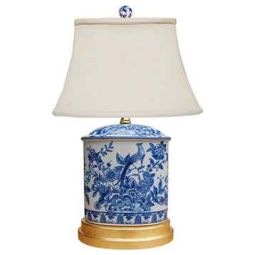Blue and White Porcelain Oval Floral Bird Motif Table Lamp, 20"